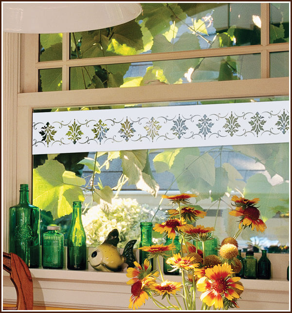 Doral-Etched-Glass-Accent Etched glass border on kithen window