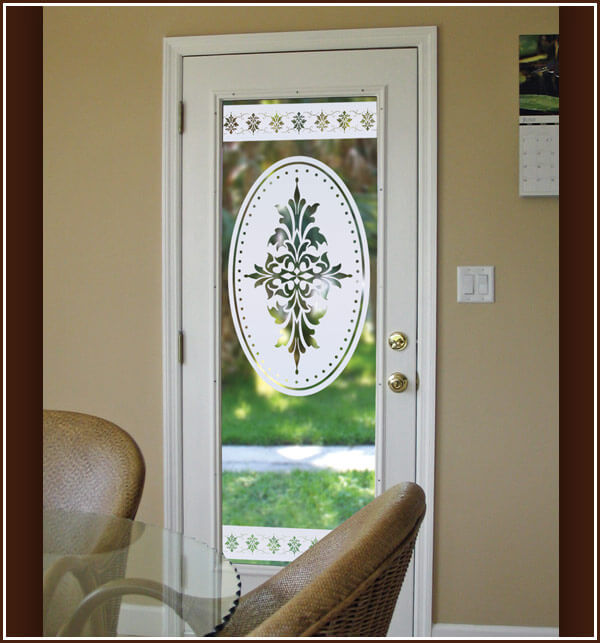 Doral-Faux Etched-Glass Doral Oval on glass door with Doral Border