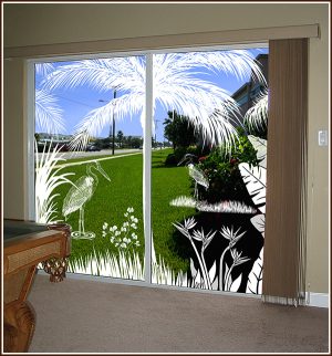 Sliding glass doors decorated with the Heron Hideaway 2-door scene.